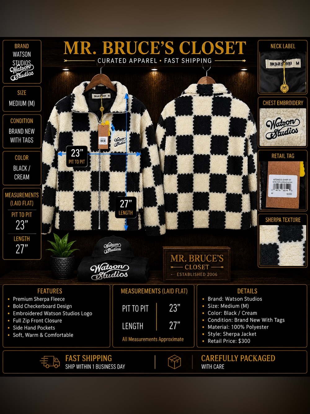 Men’s Checkerboard Sherpa Jacket - Black & Cream